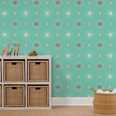 a wallpapered room with baskets on the floor and a basket next to it