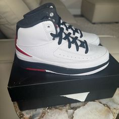 Jordan Retro 2s. Size 12c. Never Worn Never Tried On, Brand New With Box. White Red And Black. Classic White Jordan Shoes With Round Toe, Jordan 2s, Air Force One Shoes, Jordan White, Shoes Jordan, Air Force Ones, Kids Jordans, Jordan Retro, Jordan Shoes