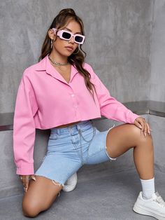 Baby Pink Casual Collar Long Sleeve Polyester Plain Shirt Embellished Non-Stretch  Women Tops, Blouses & Tee Pink Crop Shirt Outfit, Cropped Button Up Shirt Outfit, French Spring Outfits, Spring Holiday Outfit, Exec Photoshoot, Nashville Outfits Spring, Joggers Outfit Women, Spring Wedding Outfit