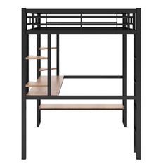 Full Size Loft Metal Bed with Long Desk and Shelves. Shelves offer ample storage space. The sturdy metal construction ensures durability, while the long desk provides a comfy work or study space. Mason & Marbles | Mason & Marbles Raegan 71.6 H x 56.3 W x 78.0 D in / brown / grayMetal in Black | Full | Wayfair Loft Metal, Trundle Bed Kids, Loft Beds For Small Rooms, Kids Daybed, Desk And Shelves, Kids Armoire, Metal Loft Bed, Beds For Small Rooms, Twin Size Loft Bed