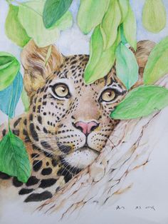 a drawing of a leopard resting in a tree with leaves on it's head