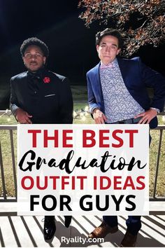 two men standing next to each other holding a sign that says the best graduation outfit ideas for guys