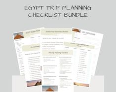 the egypt trip planning checklist bundle is shown in three different colors and sizes, with text