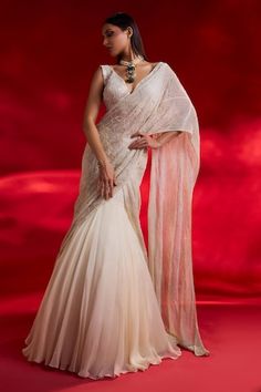 Ivory pre-draped lehenga saree with floral pearl and cutdana embroidery. Paired with a blouse with sequin and pearl embroidery. - Aza Fashions Pearl Embroidery Lehenga, Drape Saree Indo Western, Pearl Lehenga, Choli Style, Draped Lehenga, Ivory Saree, Drape Lehenga, Lehenga Sari, Sequins Lehenga