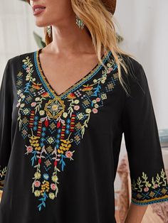 V-neck Embroidery Detail Top | EMERY ROSE Fitted Tops With Floral Embroidery, Cheap Casual Embroidered Top With Floral Print, Cheap Black Tops With Floral Embroidery, Cheap Multicolor Embroidered Bohemian Tops, Cheap Black Embroidered Top, Luxury Tops With Placement Embroidery For Summer, Luxury Fitted Embroidered Top With Resham Embroidery, Luxury Embroidered Hem Tops For Summer, Luxury Embroidered Summer Tops