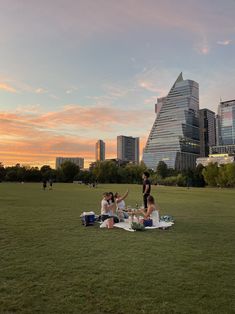 four people sitting on a blanket in the middle of a grassy field with skyscrapers in the background