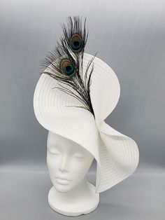 White Headpieces For Church And Kentucky Derby, White Ostrich Feather Wedding Headpiece, White Feather Trim Fascinator For Party, White Headpiece For Church And Kentucky Derby, White Mini Hat With Feather Trim For Party, Adjustable White Headpiece For Royal Ascot, White Mini Hats With Feather Trim For Party, White Mini Party Hats With Feather Trim, Adjustable White Headpieces For Races