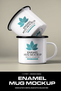 two coffee mugs stacked on top of each other with the words enamel mug mockup