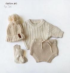 Our Rice color Cotton sets are made from 100% cotton using a mix of Cream color and beige color yarn that creates a beautiful contrasting 2 tone rice color! Option for this set are: option #A Sweater + Bloomer (2pc set) option #B Sweater + Bloomer + Booties (3pc set) option #C Sweater + Bloomer + Booties + Beanie (4pc Set) Cozy Chunky braid knit sweater Ribbed bloomers with draw strings  Matching booties roll up/down cuff booties with draw strings Matching knit bow on nylon headband sold on sepa Newborn Sweater, Chunky Braids, Cotton Set, Knit Set, Polished Look, Beige Color, Baby Sets, Formal Event, Unisex Fashion