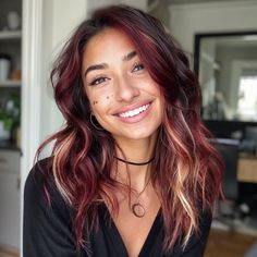 Dark Brown Red And Blonde Hair, Women’s Dark Hair Color, Chunky Fall Hair, Brown Hair With Blonde And Burgundy, Dark Hair With Blonde And Red, Brown Hair On Top Red Underneath, Dark Hair With Pink Streak, Long Hair Color Ideas Red, Dark Plum Hair With Blonde Highlights