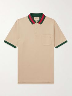 GUCCI Logo-Embroidered Stretch-Cotton Piqué Polo Shirt for Men Gucci Polo Shirt Men, Gucci Polo Shirt, Gucci Collection, Pique Polo Shirt, Green And Red, Men's Shirts, Mr Porter, Smart Casual, Logo Embroidered