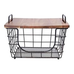 a wooden and metal wire basket with a wood top on the bottom is holding a cutting board