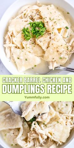 two bowls filled with chicken and dumplings next to each other