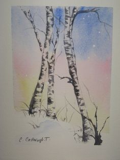 a watercolor painting of two birch trees in the snow, with pink and blue sky behind them