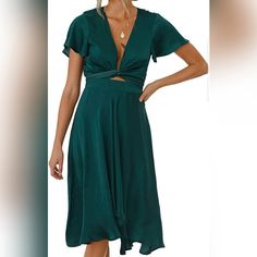 Design:Tie Front, Deep V-Neck, Waisted, Irregular Hem, Short Ruffle Sleeve,High-Low Hemline, Elegant Midi Dress, Midi Knee-Length, Hang Down, High Waist.Summer Dresses For Women. The Style Of The Summer Tie Front Dress So Elegant And Sweet, You Can Easily Pair With Your Favorite High Heels Or Sandals. Occasion: Suit For Party, Wedding, Beach, Holiday, Travelling, Go Out Wearing And Casual Wear, Fit For Most Of Formal Occasions. Chic Flowy V-neck Wrap Dress, Green V-neck Maxi Dress With Tie Waist, Chic V-neck Wrap Dress For Day Out, Casual V-neck Dress With Tie Back, V-neck Midi Dress With Tie Waist For Party, Chic Green Flowy V-neck Dress, Chic V-neck Party Dress With Tie Waist, Summer Viscose Wrap Dress With Surplice Neckline, Summer Viscose V-neck Wrap Dress