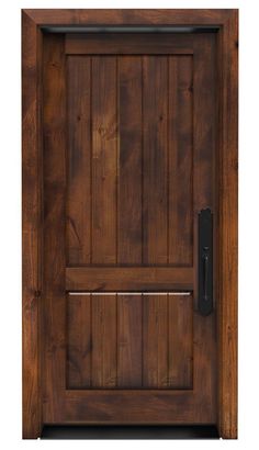 a wooden door with a metal handle on the front and side paneled wood doors