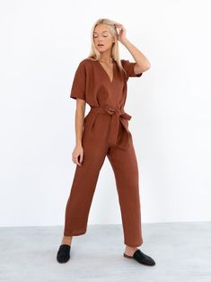 AURORA Linen Jumpsuit Women / Loose Linen Overalls / Linen | Etsy Chic Belted Short Sleeve Jumpsuits And Rompers, Summer Workwear Jumpsuits And Rompers With Belt, Summer Workwear Belted Jumpsuits And Rompers, Chic Belted Jumpsuits And Rompers With Short Sleeves, Chic Belted Short Sleeve Jumpsuit, Chic Belted Jumpsuit With Short Sleeves, Belted V-neck Jumpsuits And Rompers For Fall, Summer Workwear Jumpsuits With Short Sleeves, Casual V-neck Belted Jumpsuits And Rompers