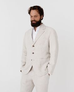 Men's heavyweight linen blazer SALVADOR in Natural melange - MagicLinen modelBoxOn Linen Outerwear With Single Button And Lapel Collar, Single Button Linen Outerwear With Lapel Collar, Business Casual Linen Outerwear With Patch Pockets, Linen Outerwear With Patch Pockets And Suit Collar, Linen Outerwear With Button Closure For Business Casual, Linen Outerwear With Patch Pockets For Business Casual, Fitted Linen Blazer With Buttons, Fitted Linen Blazer With Pockets, Linen Business Blazer With Welt Pockets