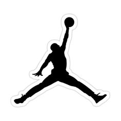 a black and white sticker of a basketball player with his arms in the air