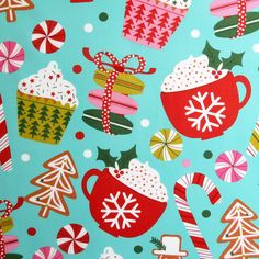 a blue background with candy canes, christmas cookies and cupcakes on it