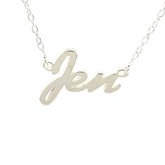 LittleGoldDaisy is a US Company Jen - Sterling Silver personalized Name Necklace on beautiful Italian 16" Trace Chain. Personalized in script font style with name - Jen -.  Comes complete with superior Mirror Polish and in presentable gift box. Description: Sterling Silver 925 (solid not plated) Personalized Name Necklace Name: Jen Thickness: 1mm solid Silver Chain Type: Rolo/Trace Chain in Sterling Silver Chain length: 16 inches For ANY Personalized / Customized Name other then this listing and up to 11 letters click on this eBay item: https://www.ebay.com/itm/113896618644 BRANC NEW and custom laser cut. A great gift for your wife, girlfriend, loved one or as as treat to yourself. This is USA's most popular script font Necklace and it makes the perfect gift or unique gesture for any occas Popular Script Fonts, Name Plate Necklace, Necklace Pendent, Necklace Name, Plate Necklace, Pendent Necklace, Font Style, Script Font, Fashion Jewelry Necklaces