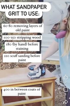 a girl sanding on a table with text overlay that reads, what sandpaper grit to use 600 - 80 removing layers of old paint