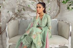 Elegant Green Dress With Pearl Embroidery, Elegant Green Hand Embellished Set, Spring Designer Sets With Pearl Embroidery, Spring Festive Sets With Pearl Embroidery, Elegant Green Organza Sets, Festive Feminine Embroidered Sets, Feminine Resham Embroidery Sets For Festive Occasions, Elegant Spring Sets With Resham Embroidery, Feminine Embroidered Sets For Eid