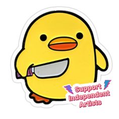 a sticker with an image of a yellow duck holding a knife in it's mouth