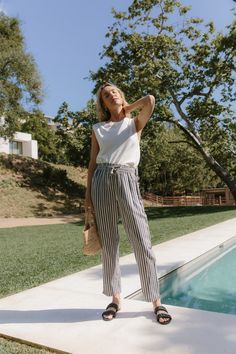 Rio Trouser Ink Stripe Leather Detailing, Jenni Kayne, Summer Staples, Street Style Looks, Pair Of Pants, Black Sandals, Leather Sandals, Leather Women, Slides