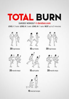 the total burn workout poster shows how to do it in 10 minutes or less, with instructions