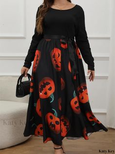 Katykey - Stylish Womens Plus Size Halloween Dress: Colorblock Pumpkin Print Long Sleeve Round Neck Swing Maxi Dress Casual Halloween Dress For Costume Party, Casual Halloween Costume Party Dress, Multicolor Halloween Costume Party Dress, Long Sleeve Fall Costume Dress, Multicolor Costume Dresses For Halloween, Casual Long Sleeve Halloween Dresses, Multicolor Long Sleeve Dress For Costume Party, Tie Dye Maxi, Tie Dye Maxi Dresses