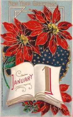 a new year's greeting card with poinsettis and an open book