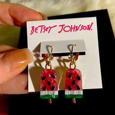 Brand New With Tag, Never Worn Betsey Johnson Pink Green Enamel Fun, Watermelon Popsicles Earrings Are Dingle With Individual Clear Crystal At The Top Call Toned Approximately One And A Half Inches Long I Will Bundle Two Or More Purchases For Savings. Multicolor Summer Jewelry, Summer Watermelon Colored Jewelry For Gift, Watermelon Colored Summer Jewelry Gift, Casual Summer Party Earrings, Playful Summer Jewelry For Gifts, Playful Summer Jewelry Gift, Fun Multicolor Earrings For Summer, Playful Summer Jewelry As A Gift, Fun Multicolor Summer Earrings