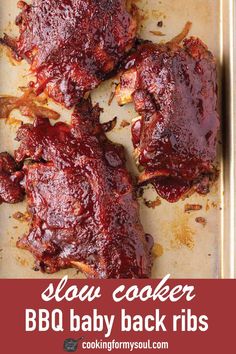 slow cooker bbq baby back ribs on a baking sheet with text overlay