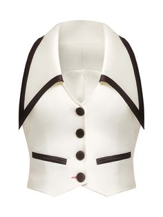 This sophisticated vest provides a glamorous touch to casual and curated edits. It is impeccably tailored from a luxurious stretch crêpe fabric in white with elegantly contrasting black satin details.  The waistcoat is meticulously crafted with a V-neckline, welt pockets and a cropped button-up silhouette. The oversized lapels add a feminine feel to this classic design.  Top off your tailoring by styling it with our oversized Born to Run High-Waist Wide-Leg Trousers and pointed heels. Hand wash Fitted Waistcoat, Crepe Mix, Tailored Waistcoat, Black Satin Fabric, Born To Run, Pointed Heels, Pearl Jewellery Earrings, Crepe Fabric, Gifts For New Moms