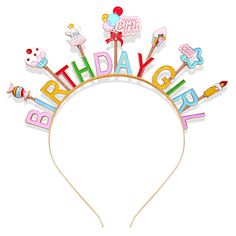 a birthday headband with colorful letters and decorations on it's side, in the shape of a balloon