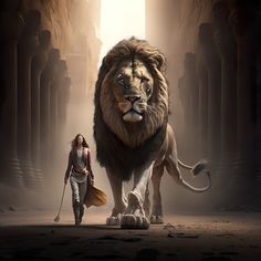 a woman walking next to a large lion in an ancient setting with columns on either side