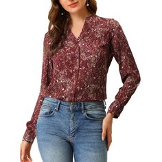 This floral-printed blouse will see you through the season in style. Floral prints and the boy's silhouette go into your wardrobe with this shirt which is softened with long sleeves and a floaty shape. In a pretty floral print, this long-sleeve blouse provides an option that could be dressed smartly for work or made casual for the weekend. With a button front and a classic collar, this blouse could be paired with your jeans or tucked into wide-leg culottes for a versatile look. Floral Chiffon Top, Wash Stand, Chiffon Floral, Popular Color, Blouse Shirt, Floral Chiffon, Long Sleeve Casual, Fashion Tees, Printed Blouse