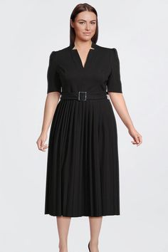 Plus Size Structured Crepe Forever Pleat Dress | Karen Millen Tailored Black V-neck Dress, Chic Fitted Pleated V-neck Dress, Formal Pleated V-neck Dress, Elegant Fitted Belted V-neck Dress, Classic Tailored V-neck Dress, Classic V-neck Semi-formal Dress, V-neck Midi Dress With Flattering Silhouette For Work, Solid V-neck Workwear Dress For Fall, Tailored V-neck Midi Dress For Formal Occasions