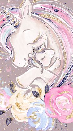 a painting of a unicorn with flowers and glitters on it's face in front of a pink background