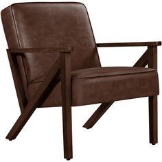 a brown leather chair sitting on top of a wooden frame