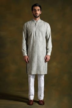 Pearl grey kurta features jaal embroidery with a diagonal pattern on the arms and a Mughal-inspired design. Comes with a matching stole and white trousers. - Aza Fashions Cotton Silk Traditional Wear With Embroidered Sleeves For Eid, Traditional Wear With Embroidered Sleeves For Eid, Traditional Wear With Embroidered Long Sleeves In Cotton Silk, Cotton Silk Traditional Wear With Embroidered Sleeves, Traditional Cotton Silk Wear With Embroidered Long Sleeves, Eid Cotton Silk Kurta With Embroidered Sleeves, Diwali Straight Kurta With Embroidered Sleeves, Traditional Kurta With Embroidered Sleeves For Eid, Cotton Traditional Wear With Embroidered Sleeves