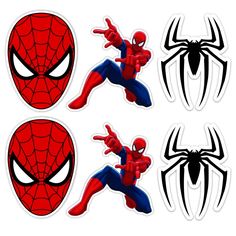 spiderman stickers are shown in three different styles and sizes, including one for the head