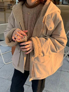 Preppy Reversible Lambswool Hooded Jacket - AnotherChill Kawaii Jacket, Preppy Mode, Girls Outwear, Oversized Parka, Stile Preppy, Thick Coat, Parka Women, Long Sleeve Outerwear, غرفة ملابس