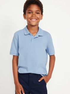 rib-knit collar two-button placket short sleeves slightly fitted hits below waistMachine wash cold, tumble dry low.  spandex 3% cotton 97% Blue Husky, School Uniform Kids, Navy Uniforms, Shirt For Boys, Boys School Uniform, Pique Polo Shirt, Basic Outfits, Knit Collar, Button Placket