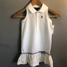 Ralph Lauren Vintage Girls Dress Brand New With Tag Size 5 White Cotton School Dress, Preppy Fitted White Dress, White Cotton Dresses For School, White Summer Dress For School, Casual White Dress For School, Cute White School Dresses, Casual Ruffled Dresses For School, Cute White Dresses For School, Preppy White Ruffled Dress