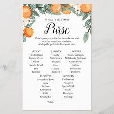 an orange and white wedding game with the words, what's in your purse?