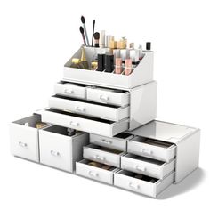 2 Oversized drawers, 2 large drawers, 8 small drawers and 16 top compartments hold at least 18 makeup brushes, 18 lipsticks, 15 nail polishes, 15 eyeliners, 6 large eye shadow palettes and other small everyday collection, well organize your make-up and dresser. Made of durable plastic, keep your cosmetics neat and tidy. It’s very smooth to operate the drawers.4-piece makeup organizer boxes interlock securely with anti-slip mats. You can also stack more drawers on top of the base or use them sepa Cosmetic Organiser, Make Up Organiser, Plastic Organizer, Small Drawers, Organiser Box, Organization Boxes, Cosmetic Organizer, Large Drawers, Neat And Tidy