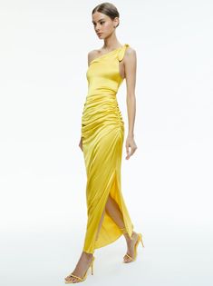 Marilla Off The Shoulder Ruched Maxi Dress In Happy Yellow | Alice + Olivia Yellow Off-shoulder Maxi Dress For Party, Summer Maxi Dress With Side Slits For Gala, One-shoulder Ruched Maxi Dress For Gala, One Shoulder Ruched Maxi Dress For Gala, One Shoulder Midi Dress For Summer Gala, Summer Gala Dress With Ruched Back, Chic One Shoulder Dress With Ruched Bodice For Summer, Chic Summer One-shoulder Dress With Ruched Bodice, Chic Summer One Shoulder Dress With Ruched Bodice