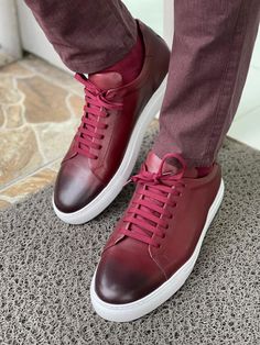 Explore sophistication and comfort with the Martin Burgundy Lace-Up Mid-Top Sneakers. Crafted from high-quality leather with a calf skin lining, these shoes provide an elegant touch suitable for various occasions. The sleek design and cushioned EVA sole ensure durability and comfort for all-day wear, making them perfect for both business meetings and casual outings. Versatile enough to transition from formal dress to smart-casual events, these sneakers are a must-have for the modern man. - Shoes Mens Dress Shoes Guide, Burgundy Shoes, Claret Red, Mid Top Sneakers, Burgundy Lace, Red Sneakers, Loafer Sneakers, Mid Top, Shoe Gifts